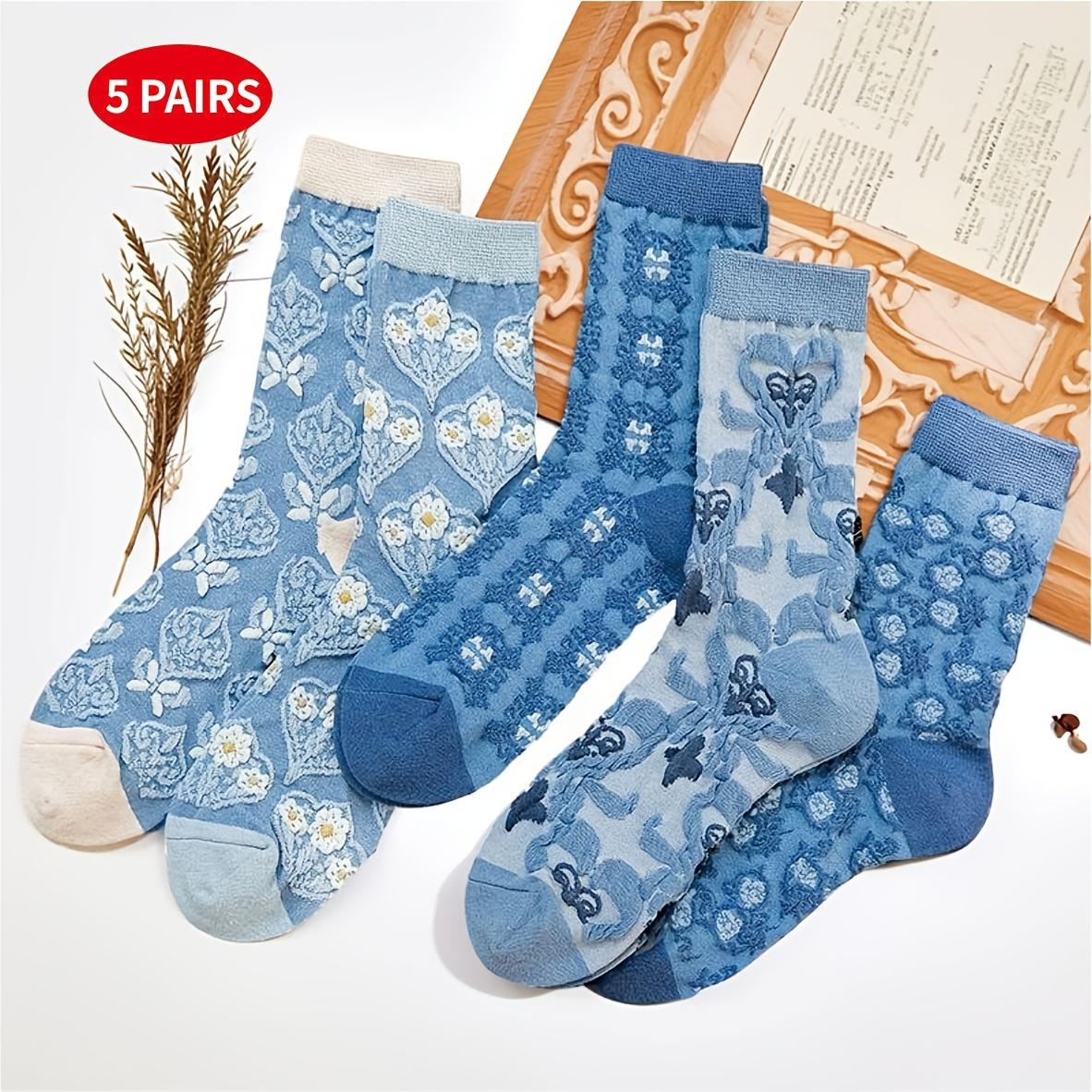 

5 пар женских носков до середины икры в стиле ретро с цветочным принтом - Мягкий полиэстер, Различные синие и зеленые узоры, с украшениями в виде сердечек, Подходят для женщин 5 Pairs
