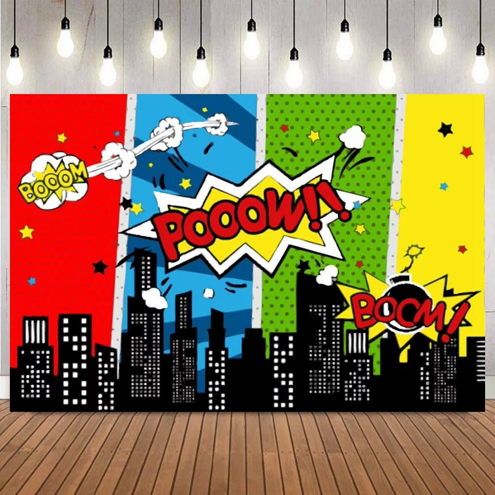 Comic Style City Superhero Photo Backdrop Colorful Buildings Birthday Cake Table Decoration Banner Party Photography Background8