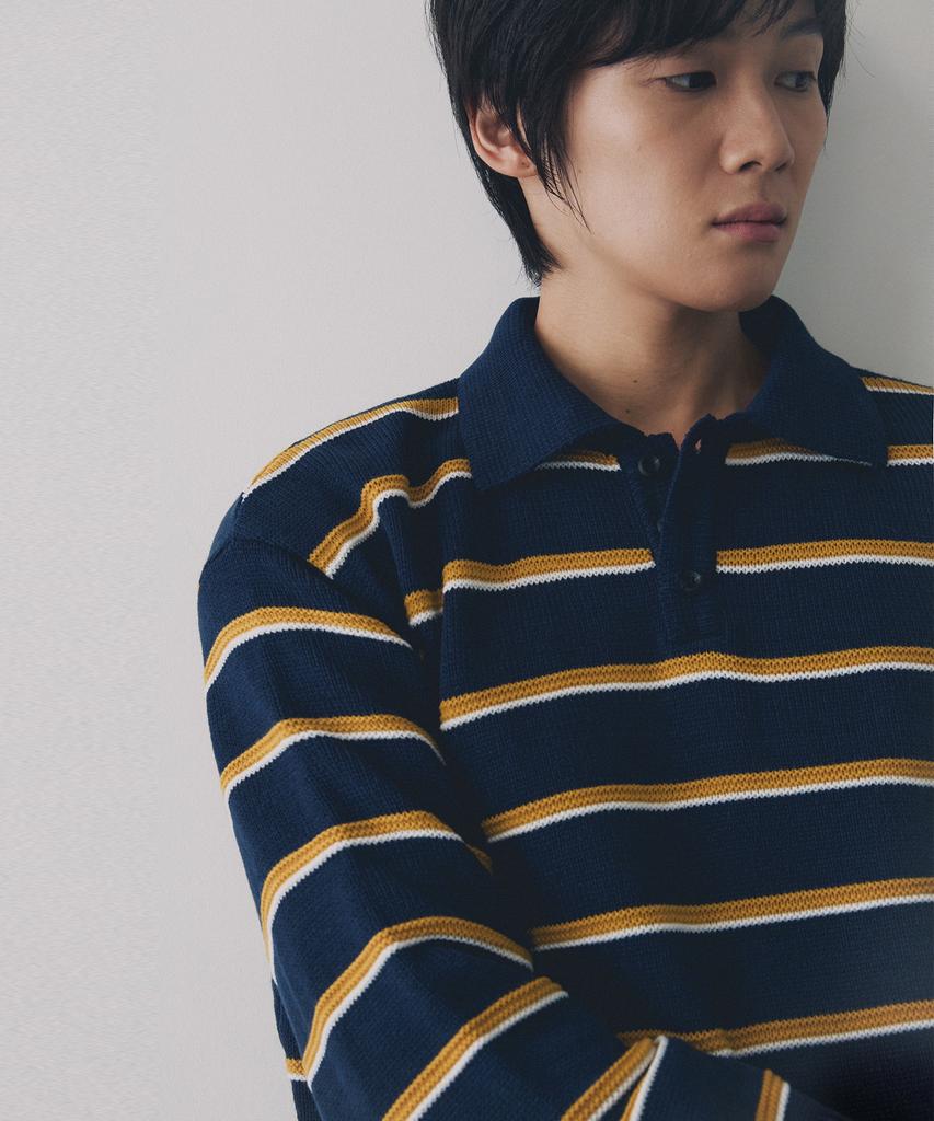 NODU Multi-Color Block Collared Stripe Knit T-Shirt [Navy]