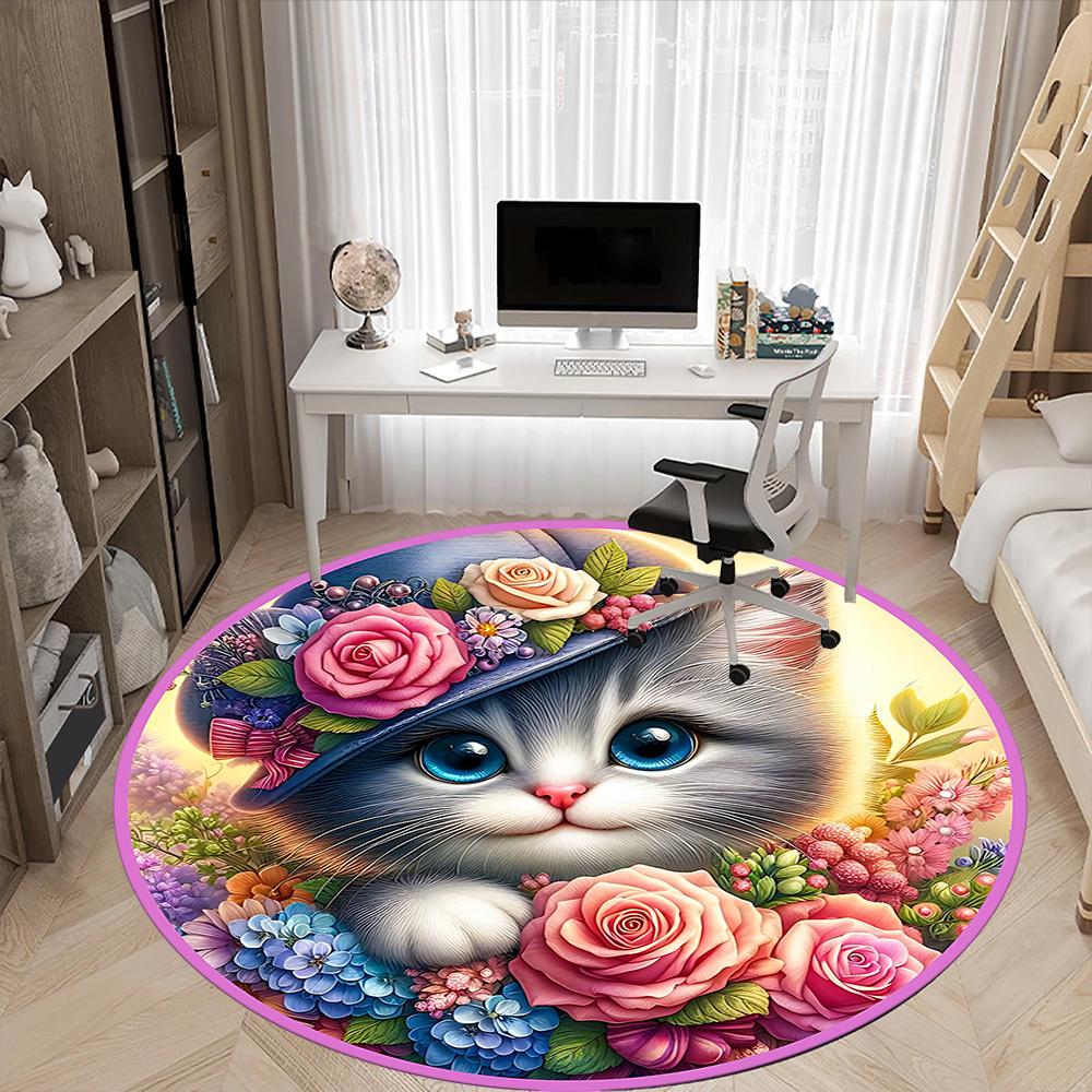 1pc Floral Cat Hat Chair Carpet for Office, Round Polyester Mat, Indoor Decor for Office, Easycare Fabric, Washable Non-slip Area Carpet