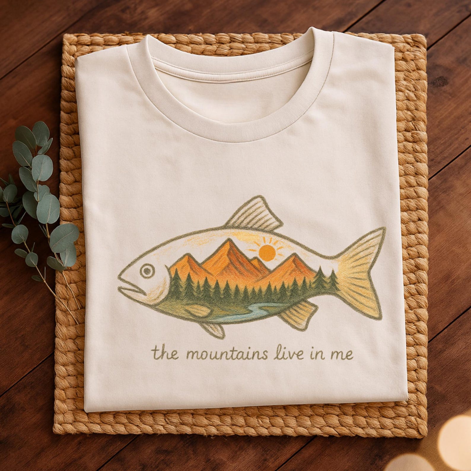 Mountain Fish Shirt • Hand-Drawn Wilderness Landscape Tee S