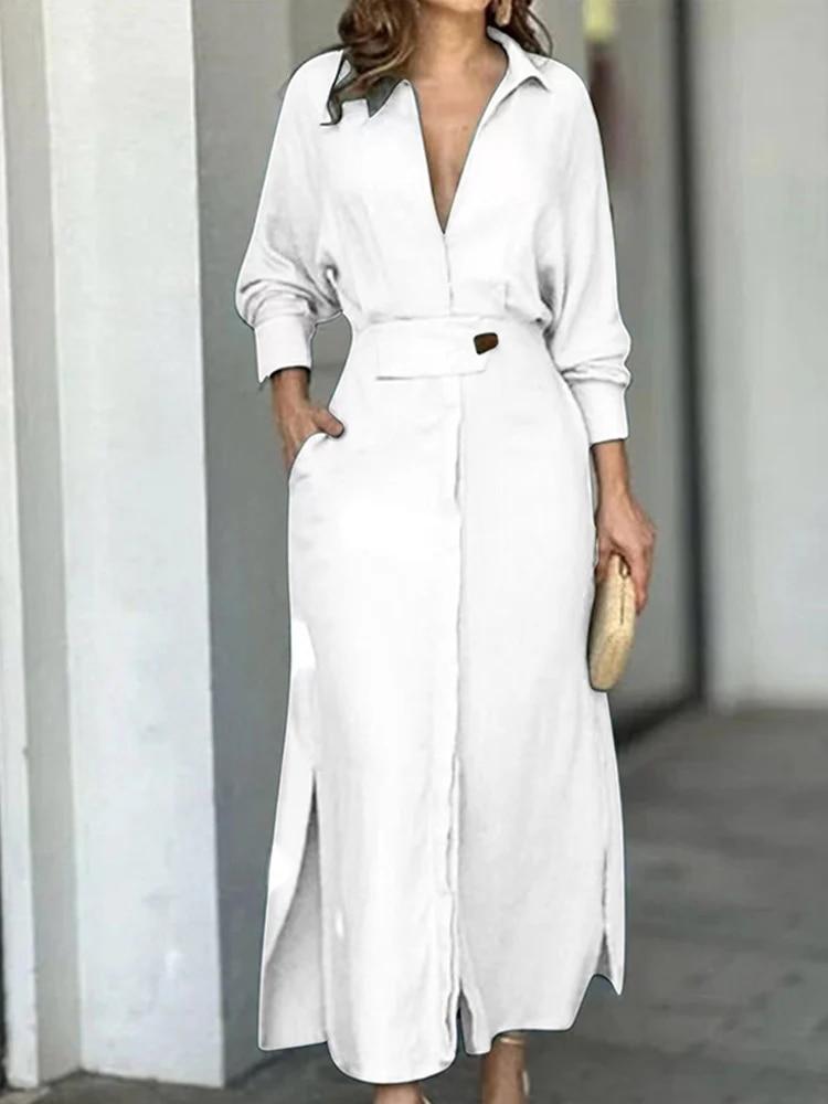 Elegantní modré šaty Midi 2023 Jaro Léto Dlouhý rukáv Jednořadé Dámské šaty Dojíždění Ležérní Dámský župan