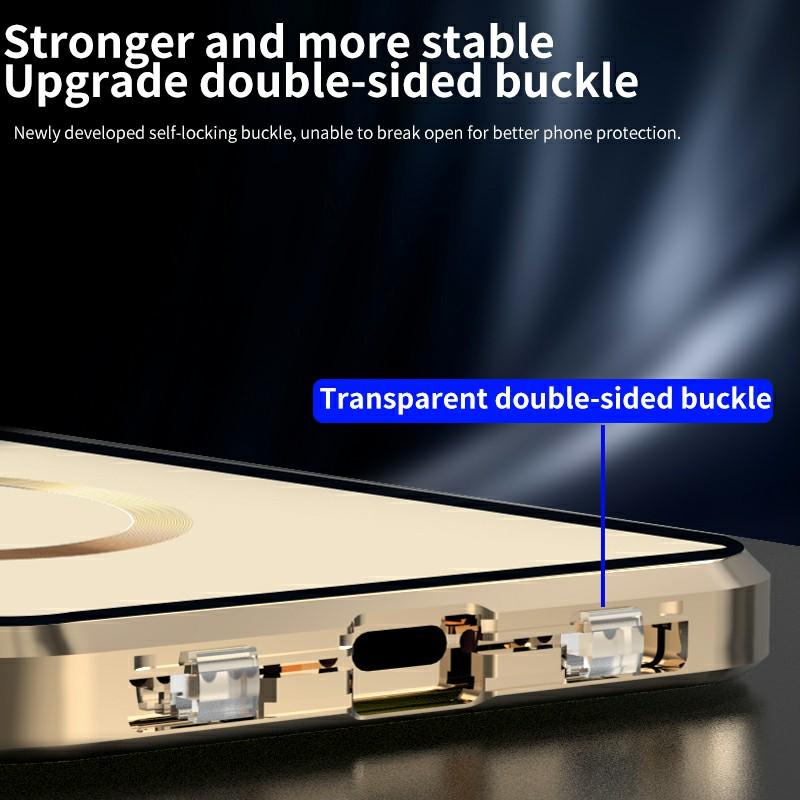 Buckle Lock Phone Cover for iPhone 15 Plus Magnetic Metal Frame+Dual-Sided Tempered Glass Case Compatible with MagSafe
