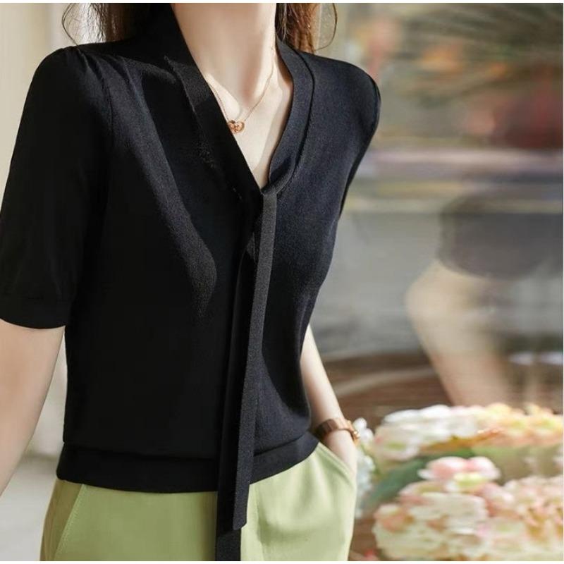 Knitted Short Sleeved T-shirt for Women White Tencel Lace Up Bow Top