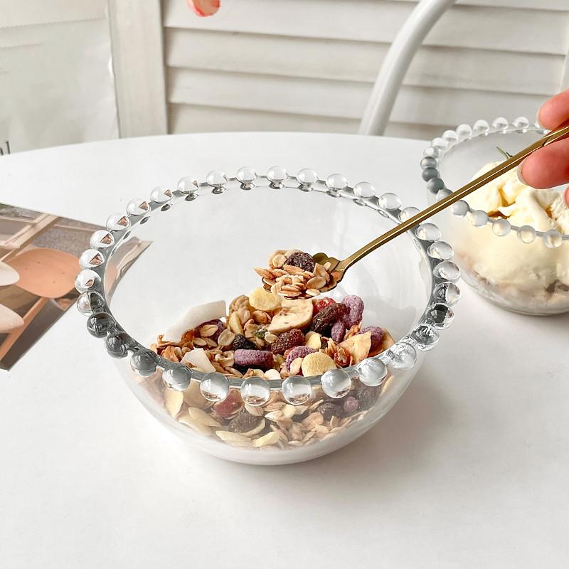 Advanced Pearl Rimmed Glass Bowl Creative Oatmeal Yogurt Bowl Breakfast Ice Cream Salad Bowl Glass Cutlery Kitchen Supplies Gift