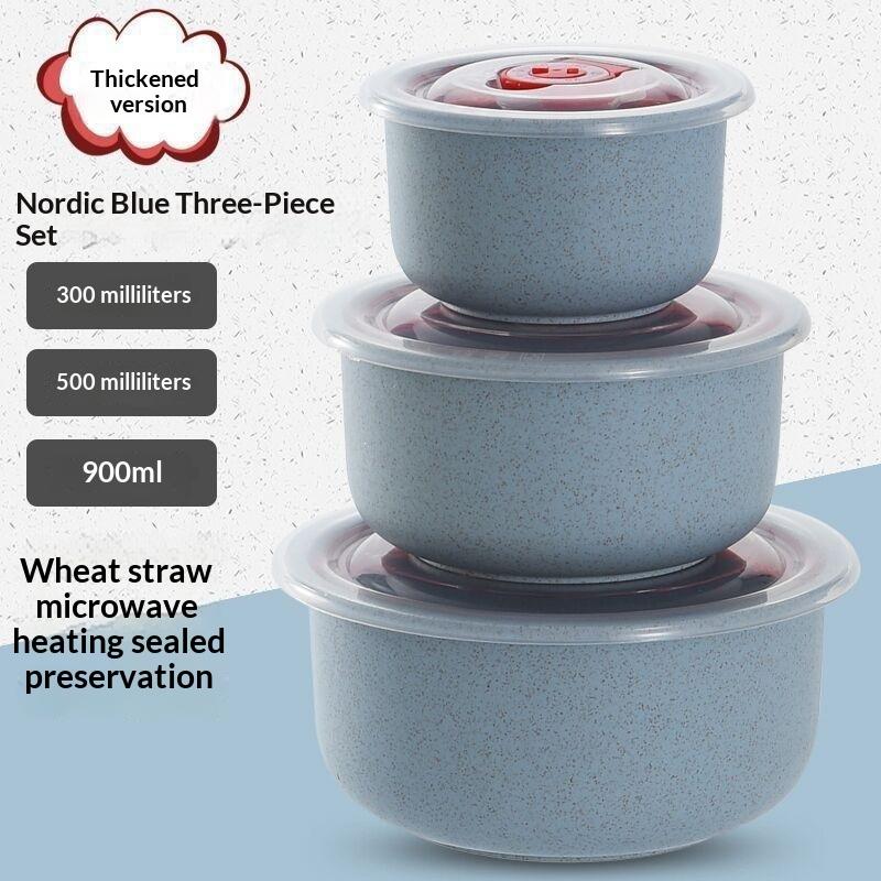 3Pcs Wheat Straw Fresh-Keeping Bowl Three-Piece Set With Lid For Home Microwaveable Plastic Round Lunch Box