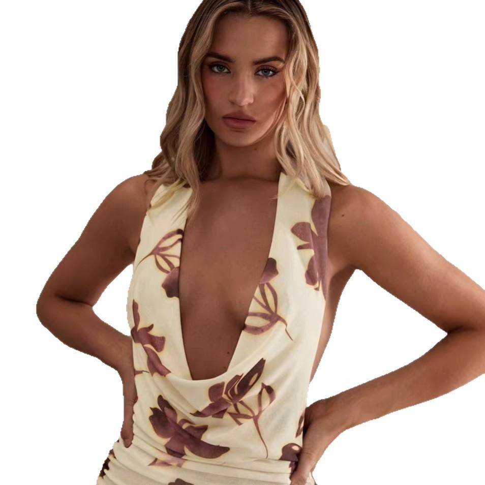 1011 New Fashion Swinging Neck Sleeveless Printed Fishtail Dress Sexy Backless Lace-Up Dress