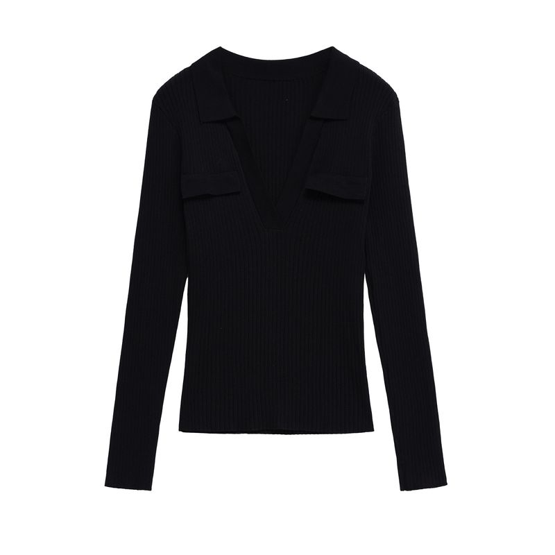 Kaslead New Women clothes Western Style Fashion Simple Polo Shirt Collar Rib Long sleeve 0858302