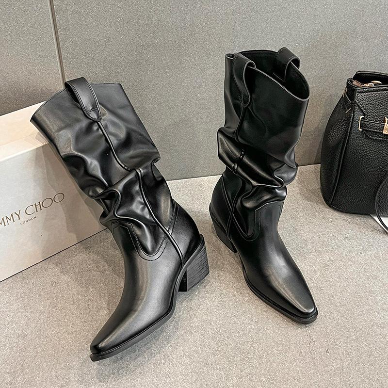 Wu Xin's Same Pointed-toed Thin Thick-soled Heightening Medium Boots 2025 Autumn and Winter Retro Versatile Thick-heeled Western Cowboy Boots