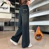 Girls' Medium-Large Plush Denim One-Piece Winter Pants - New Korean Style, Versatile Narrow/Wide Leg Design