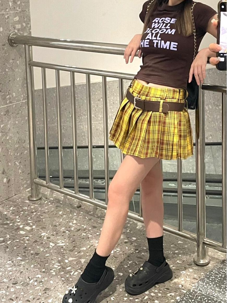 American Spicy Girl Plus Size Yellow Plaid Pleated A-line Skirt for Women, High Waist Slimming Design, 2025 Autumn Collection S жёлтый