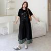DIMANAF 2026 Plus Size New Dress Summer Women Lady Shirt Dress Floral Loose Beach Casual Long Dresses O-Neck Black