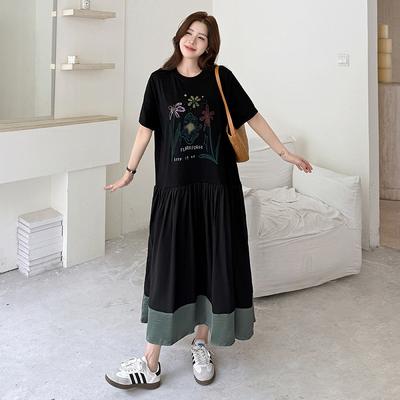 DIMANAF 2026 Plus Size New Dress Summer Women Lady Shirt Dress Floral Loose Beach Casual Long Dresses O-Neck Black