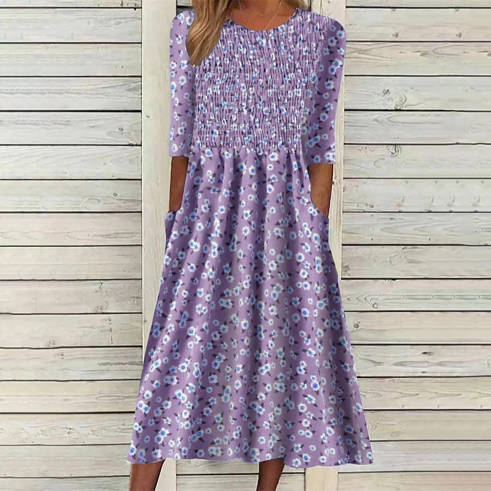 

GMXIA Женская мода лето весна цветочный принт с коротким рукавом и круглым вырезом с высокой талией повседневные платья XL фиолетовый