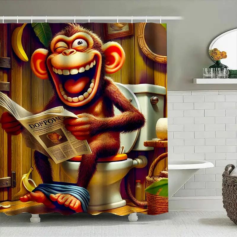 Comical Monkey Reading Toilet Paper Shower Curtain Bathroom Decor 3D Printed Waterproof Home Accessories for Kids' Bathrooms
