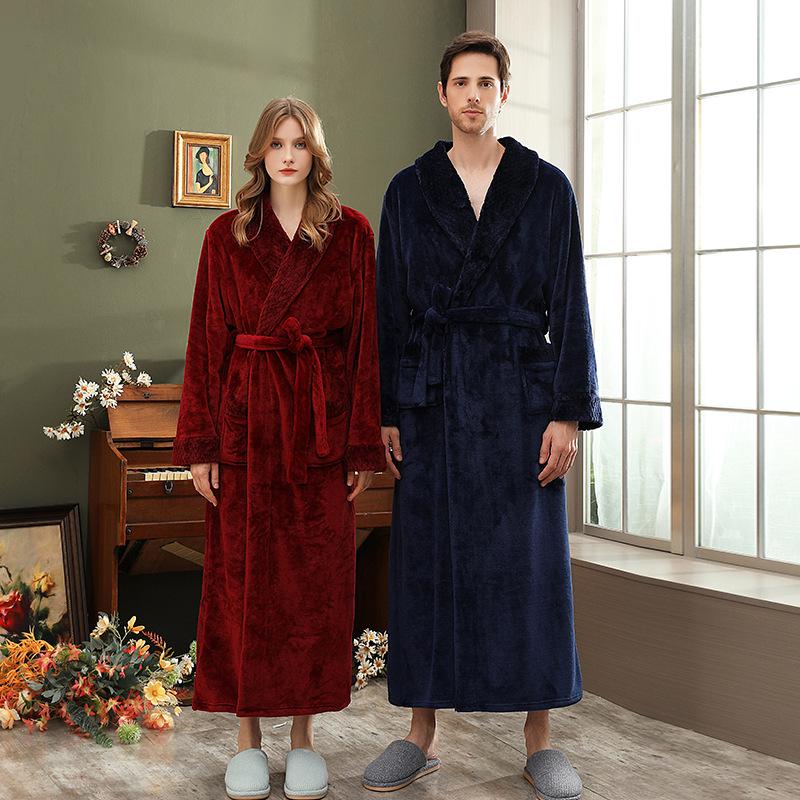 Women's & Men's Double-Sided Thick Coral Fleece Bathrobe - Long, Ankle-Length, Ideal for Autumn & Winter