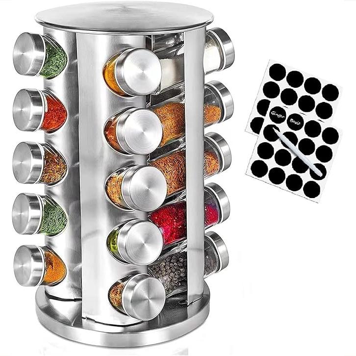 Étagère à épices rotative avec 12/16/20 pots, organisateur d'assaisonnement rotatif avec étiquettes, carrousel à épices en acier inoxydable pour comptoir de cuisine, armoire