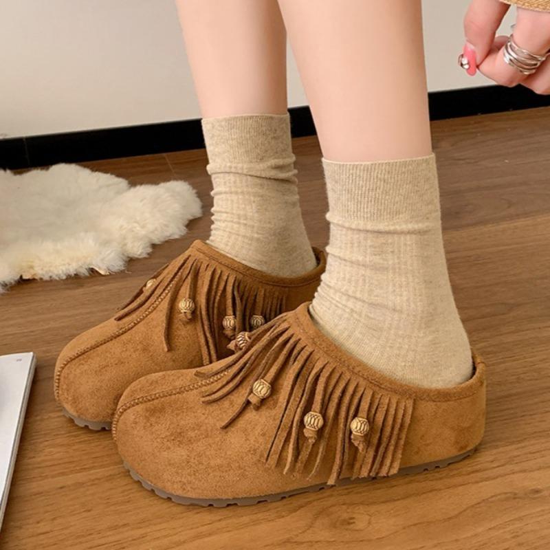 Fashion 2025 New Fringe Bead Platform Women Slippers Fashion Casual Classical Slingback Shoes Elegant Suede Autumn Zapatillas De Mujer