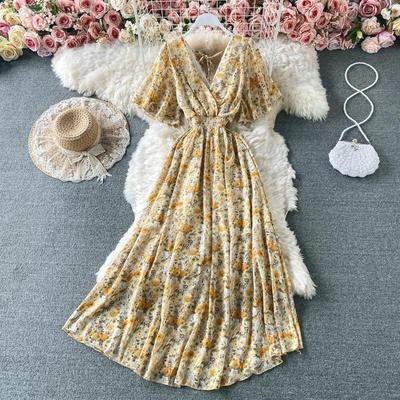 Women Summer Floral V Neck Short Sleeve High Waist Ruched A Line Long Dress