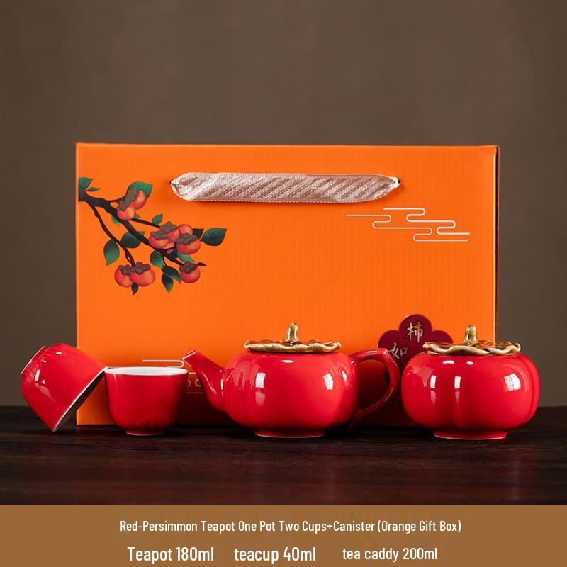 Persimmon Tea Set - Festive Ruyi Design, Custom Ceramic Gift Box for Weddings & Souvenirs