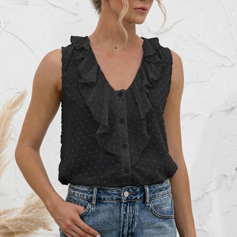 Spring And Summer 2023 Sexy V-neck Sleeveless Sweet Ruffles Button Shirt Women Tops Camis Blouse Causal Clothes Blusas 25557