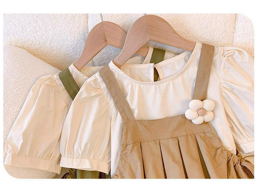 2024 Summer Girls' Stylish Casual Two-Piece: Bubble Sleeve Top & Suspender Dress