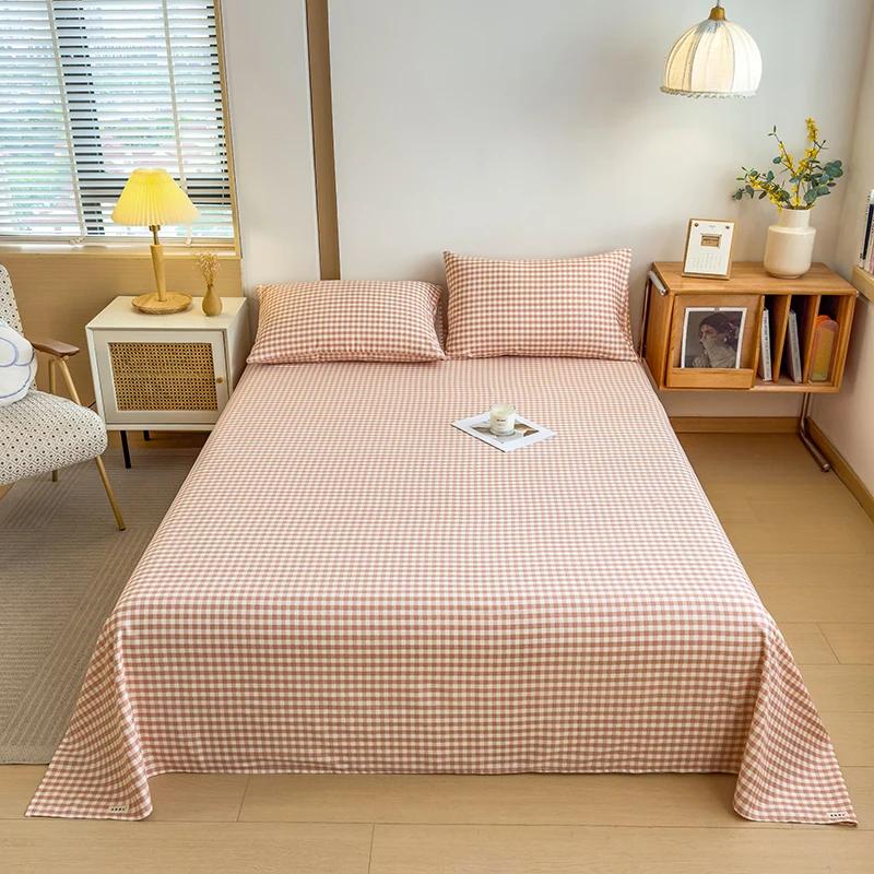 Geometric Plaid Pattern Bed Sheet Set Simple Grid Flat Sheet 100% Cotton Bedding Breathable Durable Sheets with 2 Pillowcases