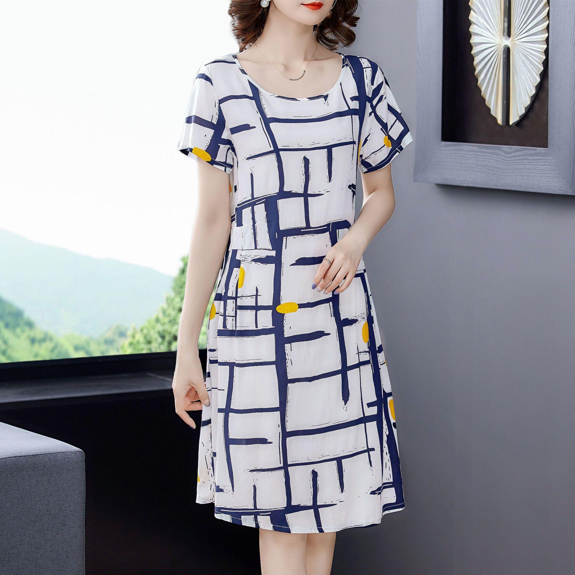 

Хлопковое шелковое платье для женщин, летняя свободная и утягивающая модная модная юбка средней длины с короткими рукавами и плиссированной талией 4XL