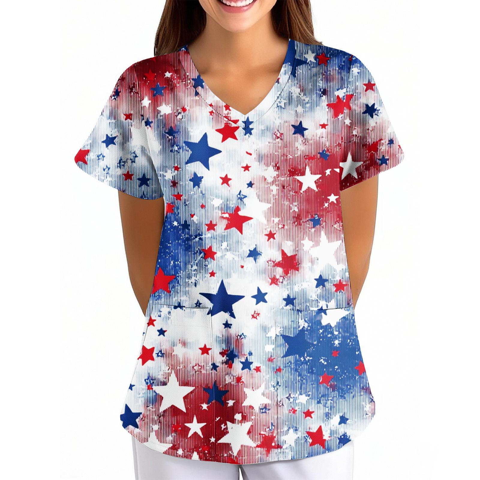 Women s Independence Day Printed Loose V-Neck Pocket Short-Sleeved Clothing L