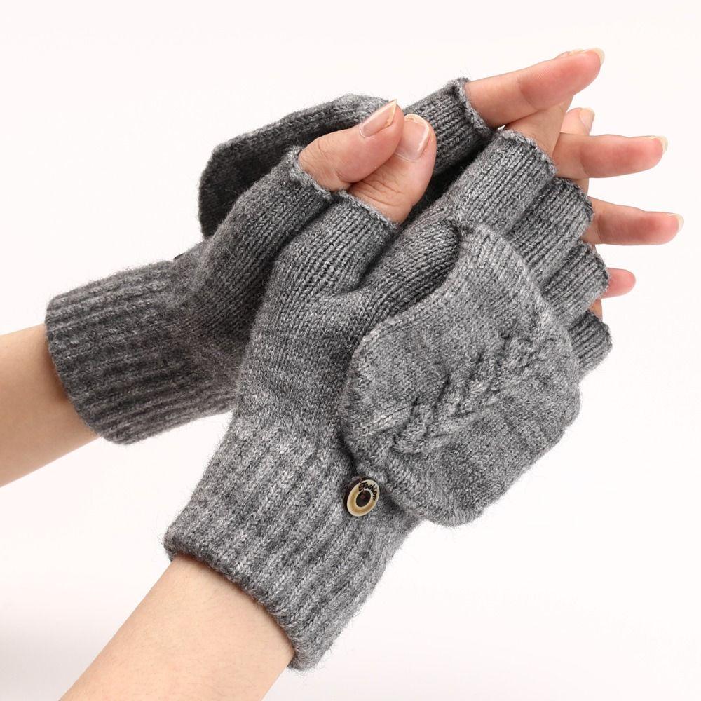 Soft Mittens Half Finger Gloves Thick Keep Warm Knitted Flip Gloves Genuine Leather Cycling Gloves Winter светло-серый