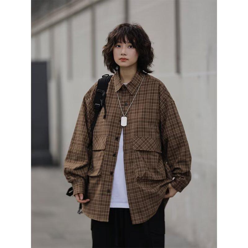 Retro Rutig Långärmad Skjorta i Japansk Stil med Stor Ficka Herr och Dam Vintage Flerficks Par Kontrastfärg Skjorta Jacka