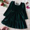 Girls Fashion Cute French Lace Neckline Princess Dress Long Sleeve Solid Color Dresses