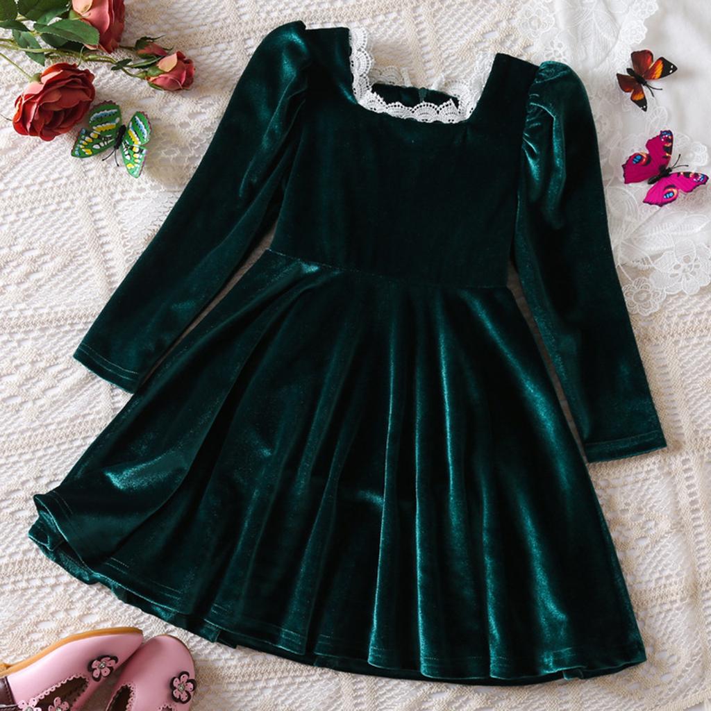 Girls Fashion Cute French Lace Neckline Princess Dress Long Sleeve Solid Color Dresses