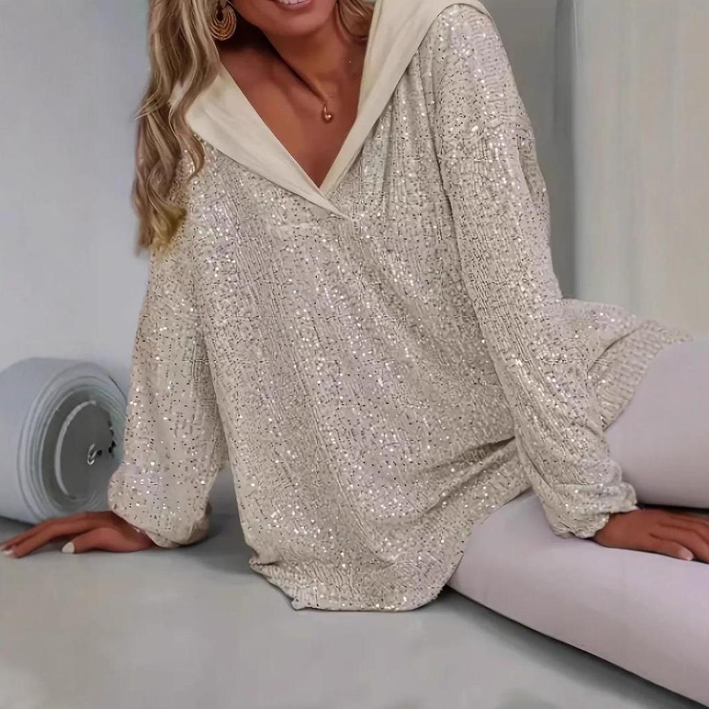Women's Elegant Sequin Beaded Loose-Fit Hooded Pullover Sweatshirt