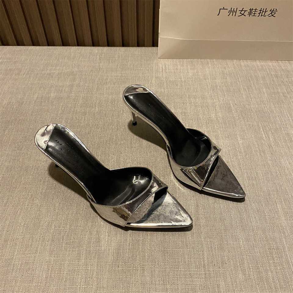 

2025 new thin heel open-toed half slippers women s summer wear Korean version of fashion sandals fairy style pointed stiletto 40 серебряный