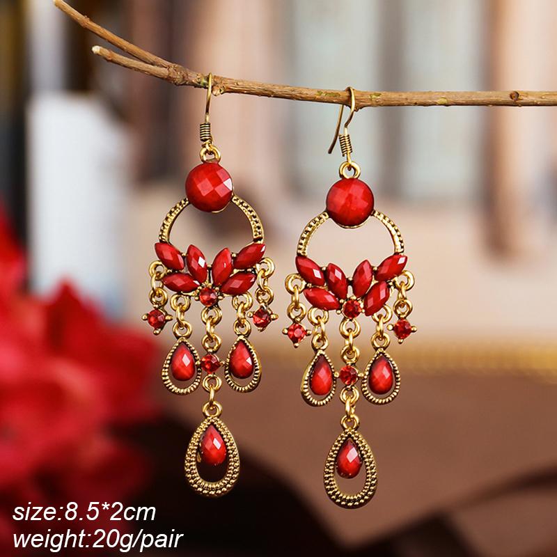 Ethnic Vintage Red Temperament Long Dangle Earrings for Women Flower Peacock and Water Drop Design Wedding Party Jewelry