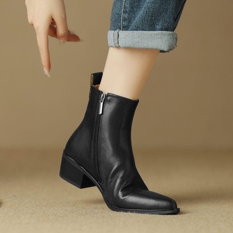 Black Leather Women Ankle Boots Side Zipper Decor Flats Leather Chelsea Boots Vintage Brown Autumn Knight Boots Women