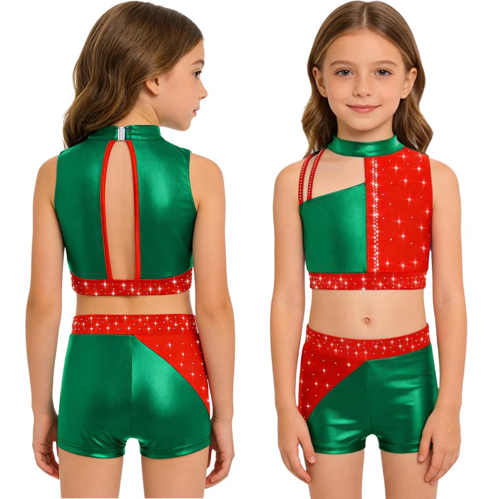 Funkelndes Strass-Performance-Outfit für Mädchen: Metallisches Colorblock Crop-Top mit passender elastischer Shorts für die Bühne