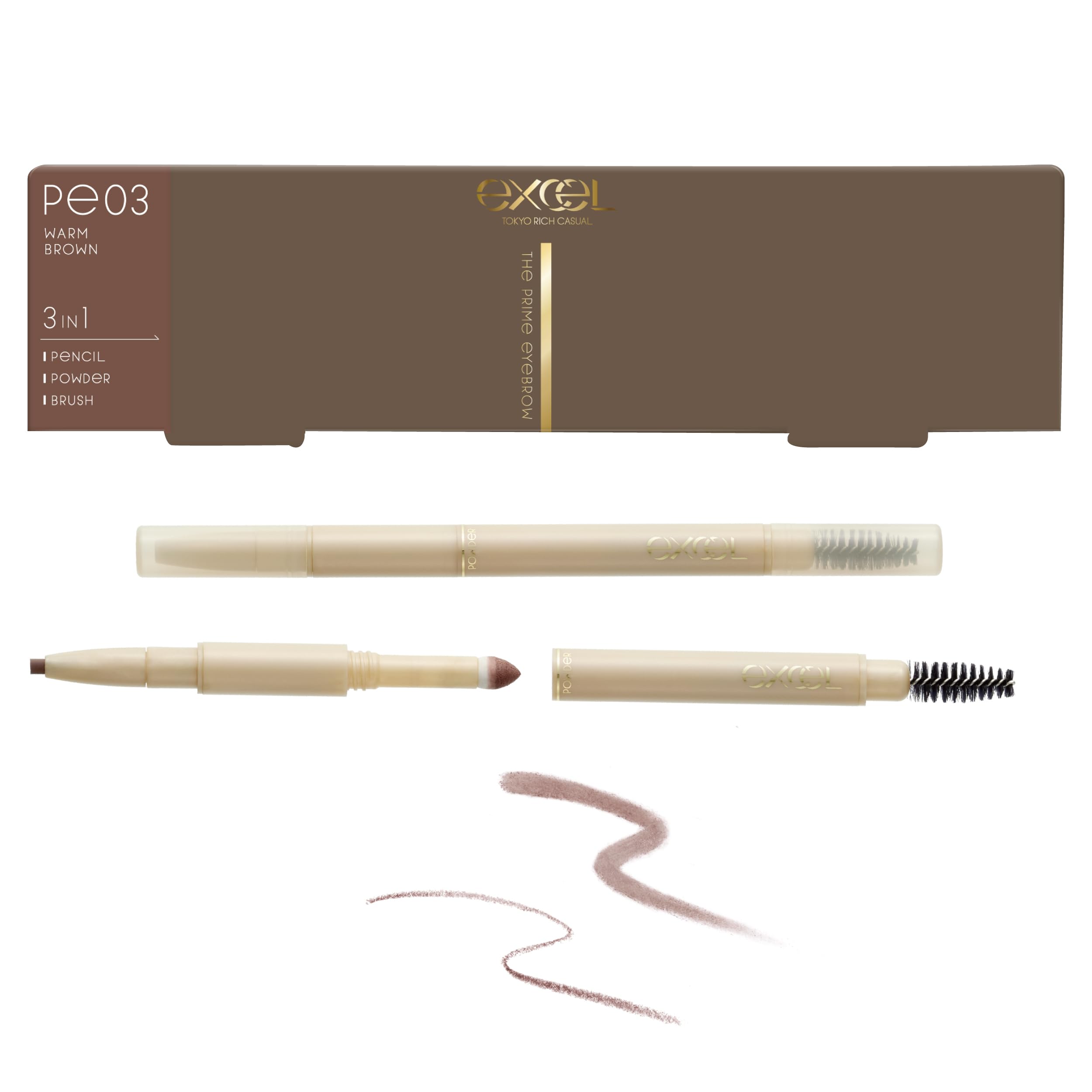 

excel The Prime Eyebrow PE03 Тепло-коричневый Карандаш для бровей, Тени для бровей, Щеточка - 3-в-1 [Новинка]