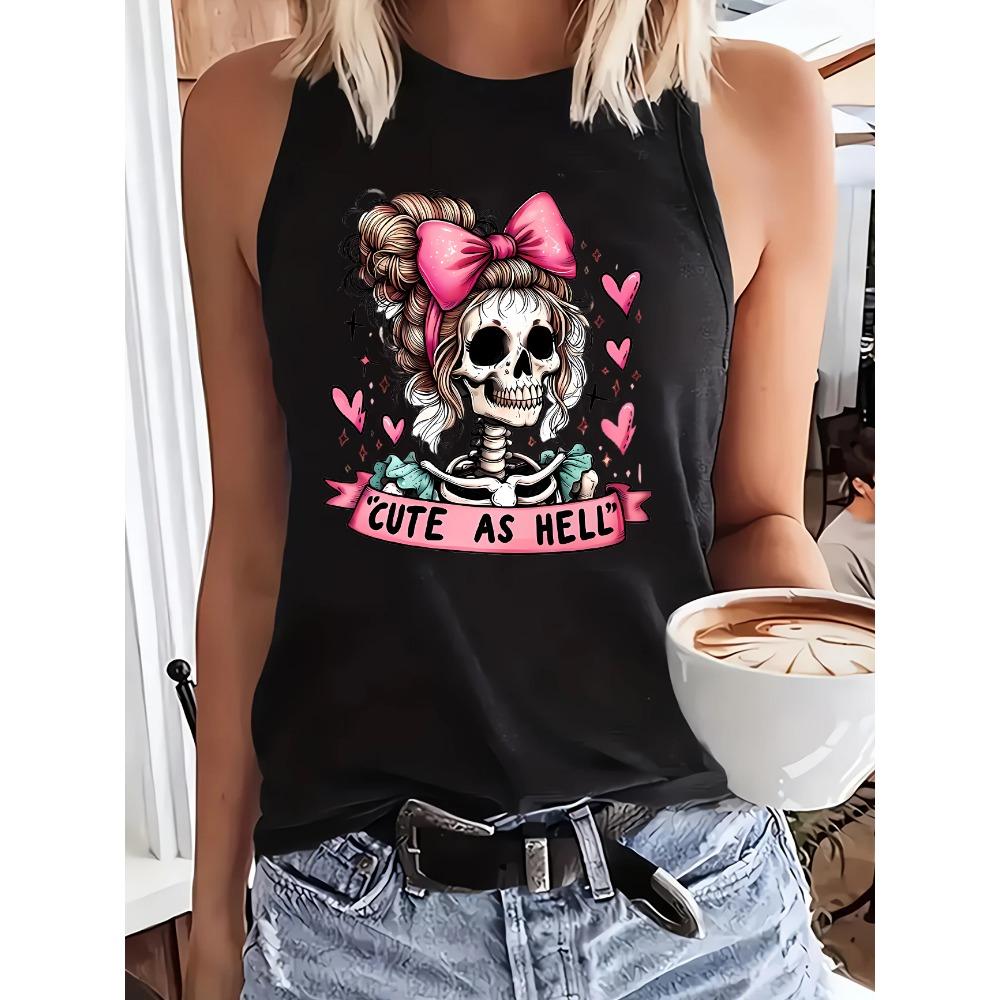 Tank top T-shirt with printed pattern, women's sleeveless round neck
