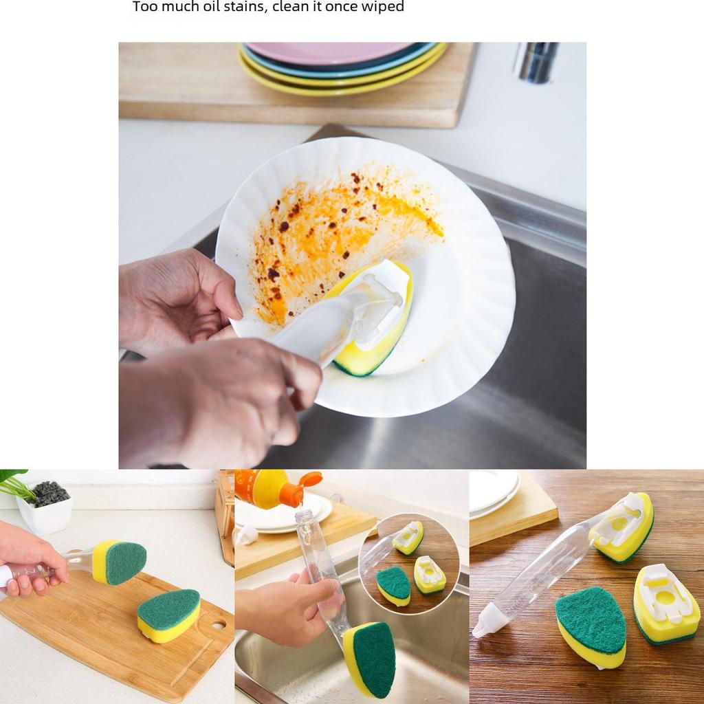 Kitchen Cleaning Sponge Brush With Extended Handle And Detergent Dispenser