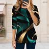 Women Plus Size Round Neck Three Quarter Sleeve Abstract Printed Off White T Shirt