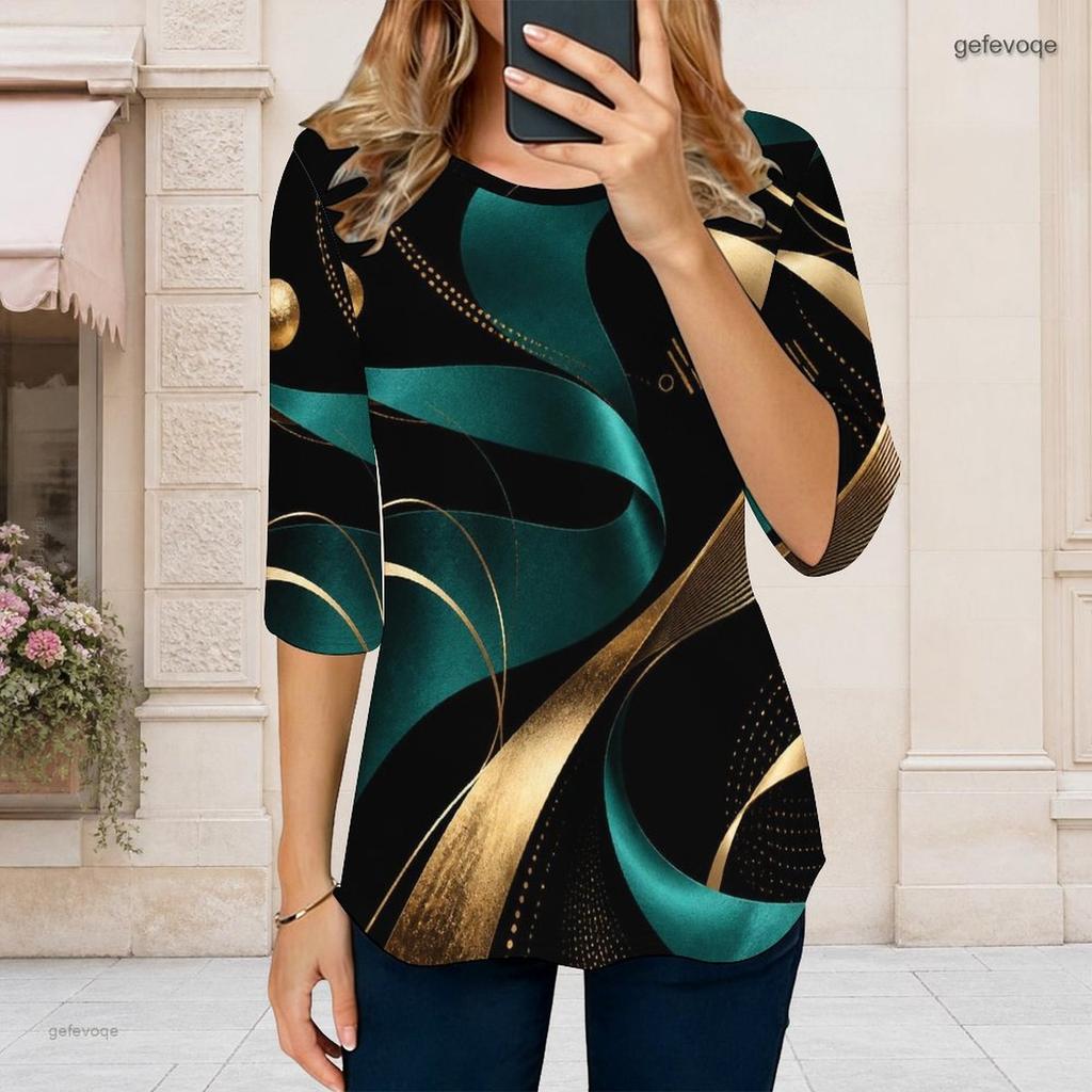 Women Plus Size Round Neck Three Quarter Sleeve Abstract Printed Off White T Shirt