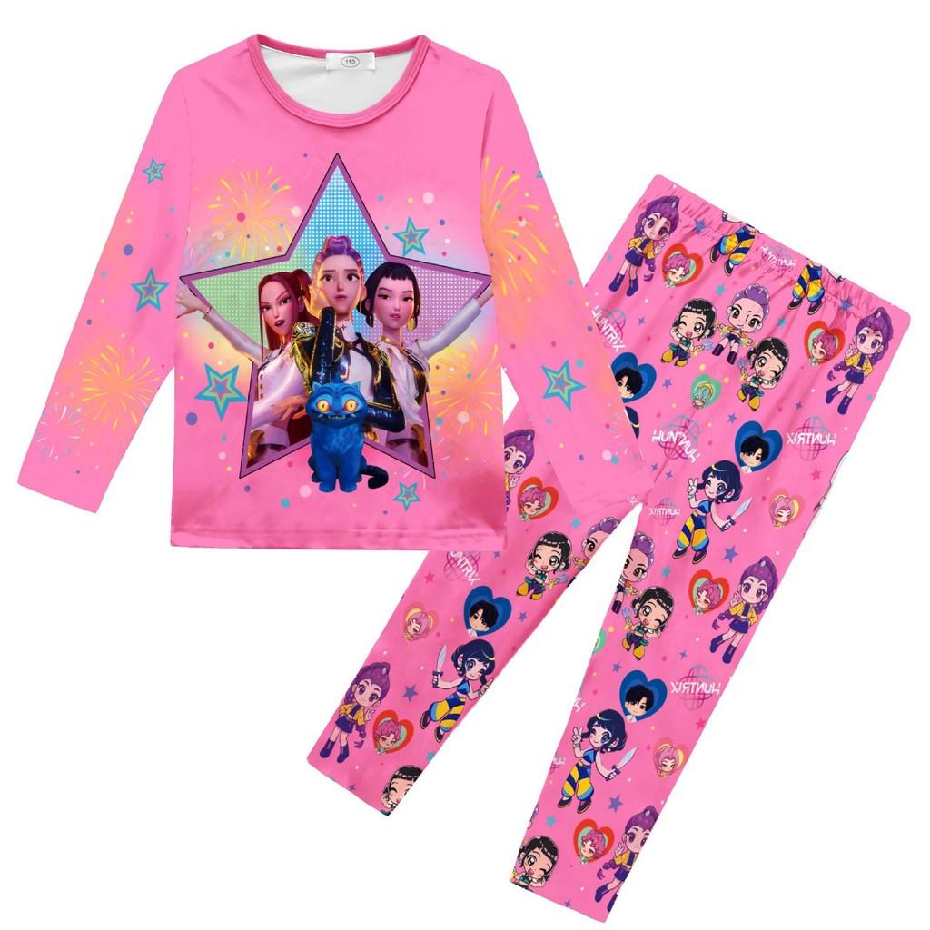 Kids Girls K-POP Rumi Mira Zoey Print Long Sleeves T-Shirt Top Pants Trousers Pajamas Sleeping Sleepwear Sets