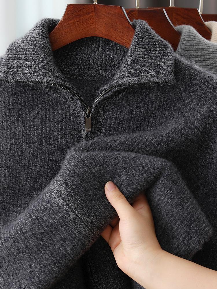 Men's Double-Ply Pure Wool High Neck Zipper Cardigan - Thickened Loose Casual Knit Sweater for Autumn and Winter.