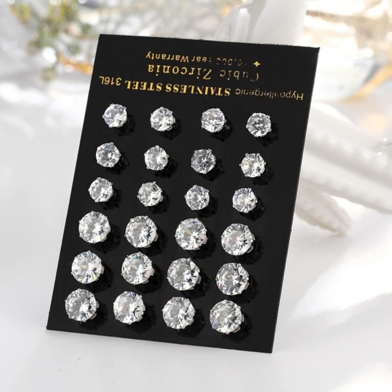 Cubic 24pcs Womens Exquisite Big Zircon Crystal Stud Earrings Sterling Silver