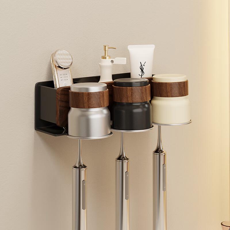Black Walnut No-Drill Toothbrush Holder with Stainless Steel Cups