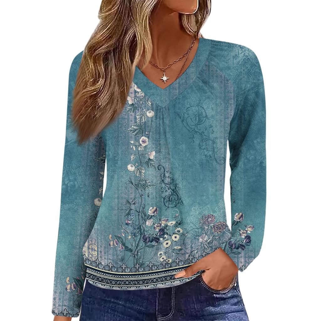 Women's Casual Fashion V-Neck Raglan Pleated Retro Printed Long Sleeve Top