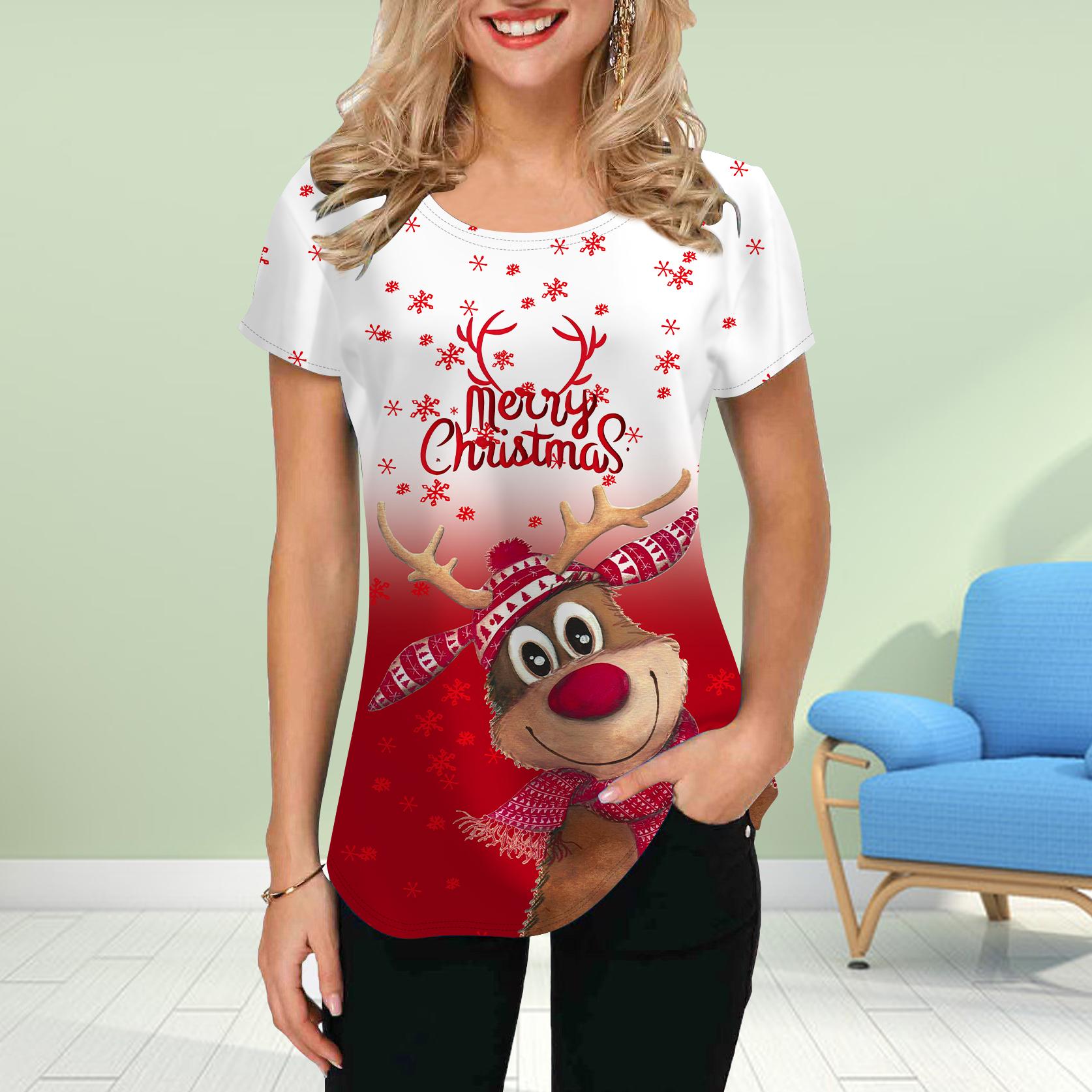 

Модная женская футболка с милым принтом лося и снеговика, забавная повседневная футболка с круглым вырезом и короткими рукавами, летняя женская футболка L белый