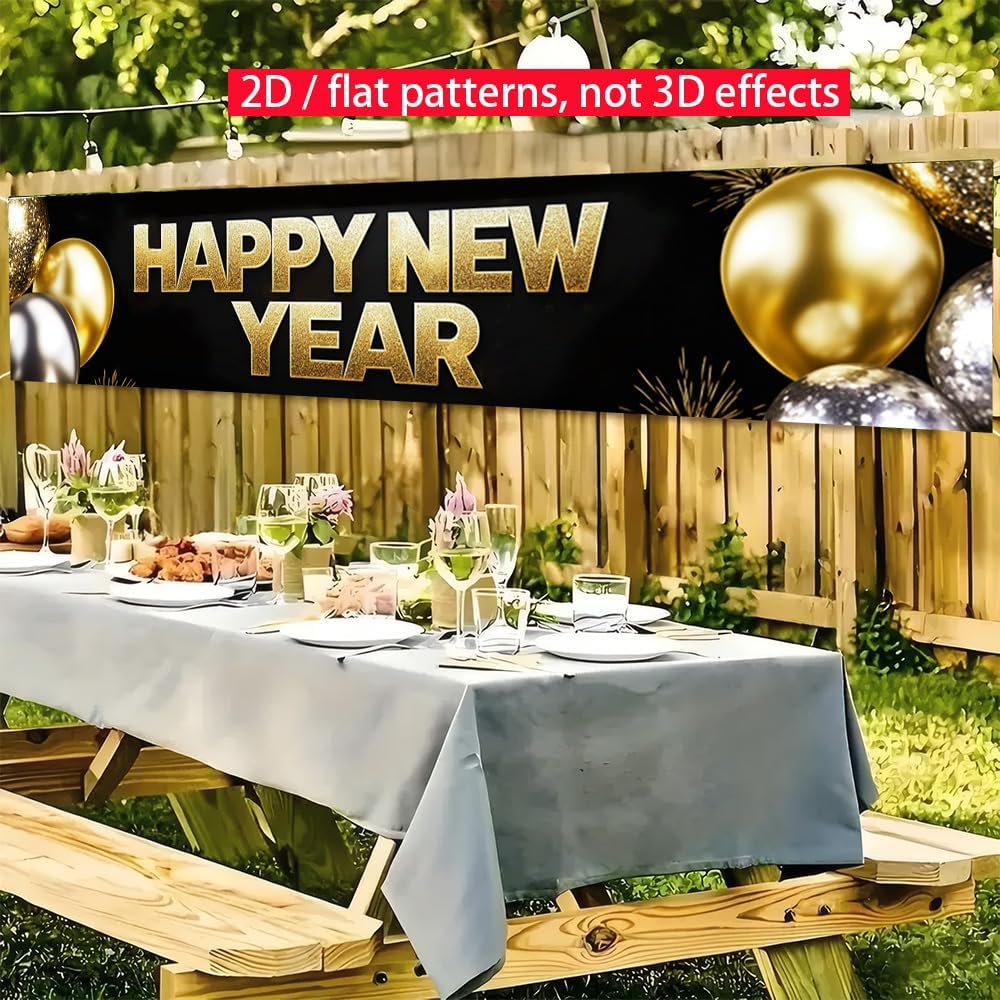 Happy New Year Banner 78.7 x 17.7 Inch Gold and Silver Balloons Sparkling Confetti Design for Holiday Party Decoration Indoor Outdoor Wall Fence or